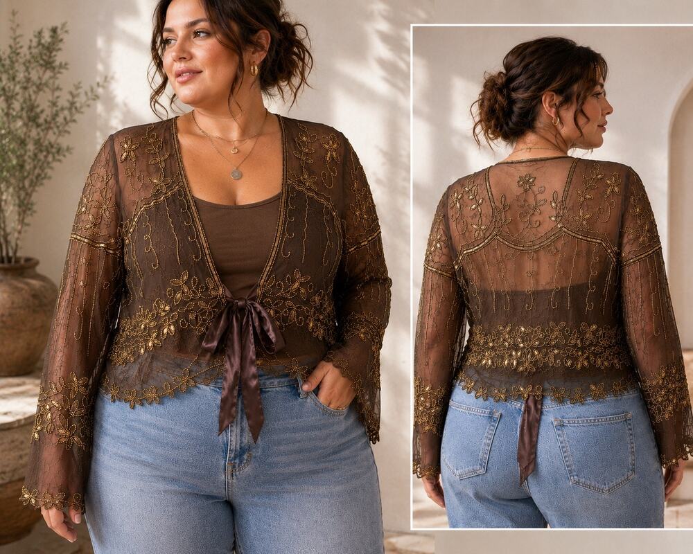 Marina 2X NWT Y2K Chocolate Brown Beaded Sequin Sheer Tie Front Boho Silk Top